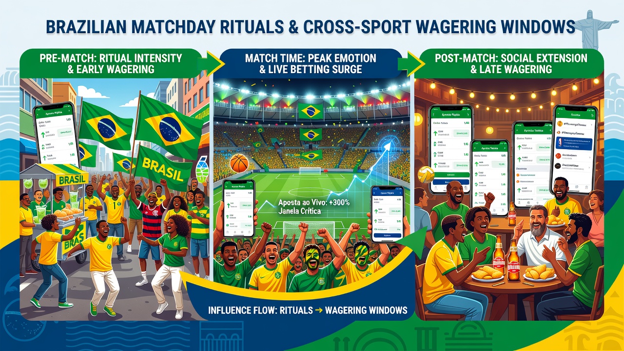 Bettors review multiple screens showing football and racing odds side by side during a match interval
