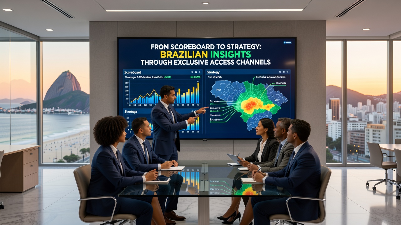 Data analysts reviewing Brazilian football match statistics on multiple screens in a professional setup