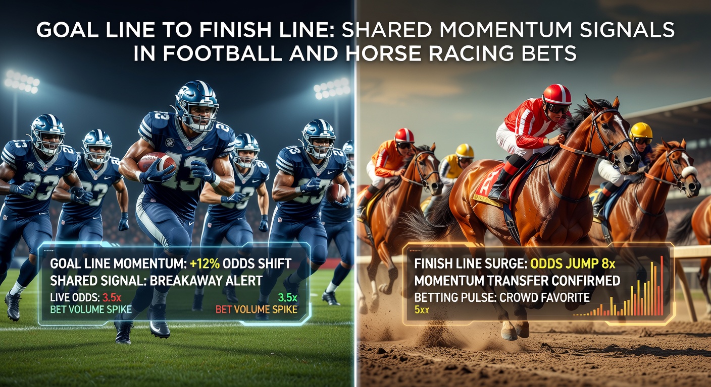 Close-up of a football player crossing the goal line alongside a horse thundering toward the racing finish, highlighting momentum parallels