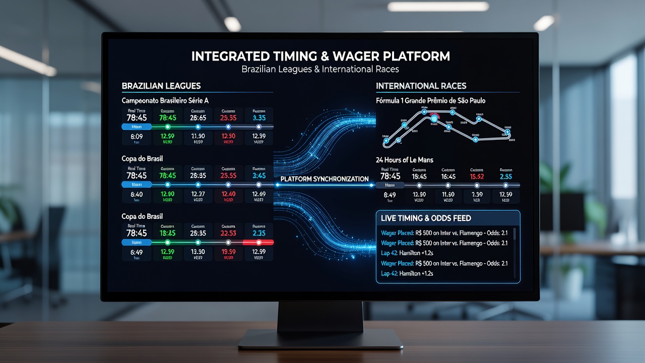 Dashboard view displaying live timing metrics for synchronized football and racing bets