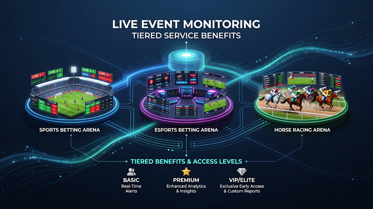 Overview of live event data streams connecting to tiered membership dashboards in international betting environments
