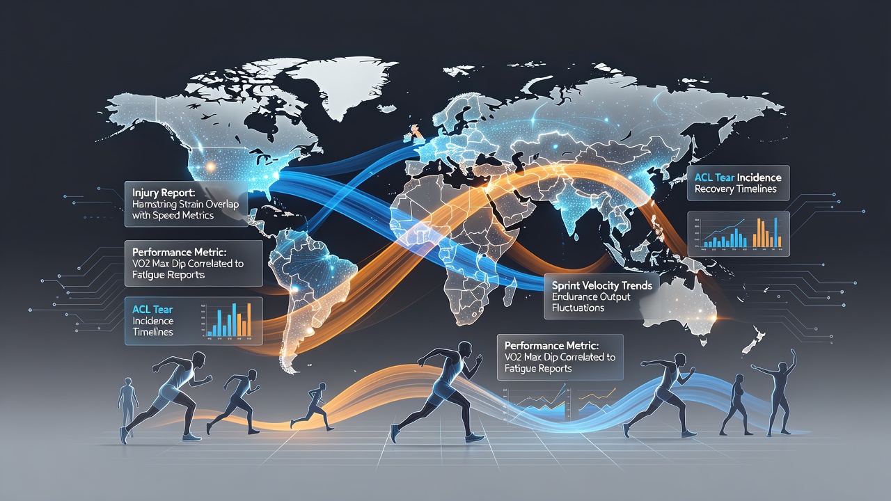 Athletes on a global circuit track reviewing performance dashboards overlaid with injury timelines