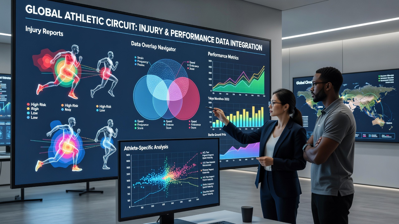 Data analysts examining synchronized injury and performance charts on multiple screens during a June 2026 review session
