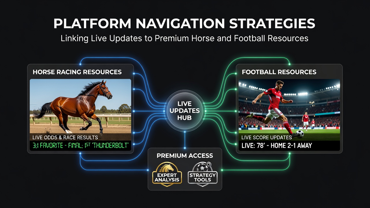 Screenshot of a digital platform interface displaying live score updates alongside navigation menus for horse racing and football premium sections