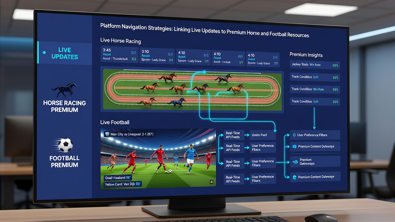 Illustration of interconnected platform features showing live horse racing results feeding into premium football analysis tools