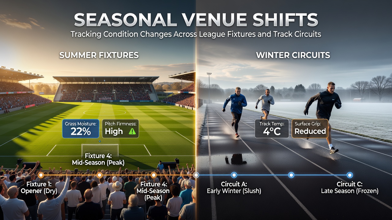 Diagram showing seasonal changes affecting football pitches and horse racing tracks across different regions
