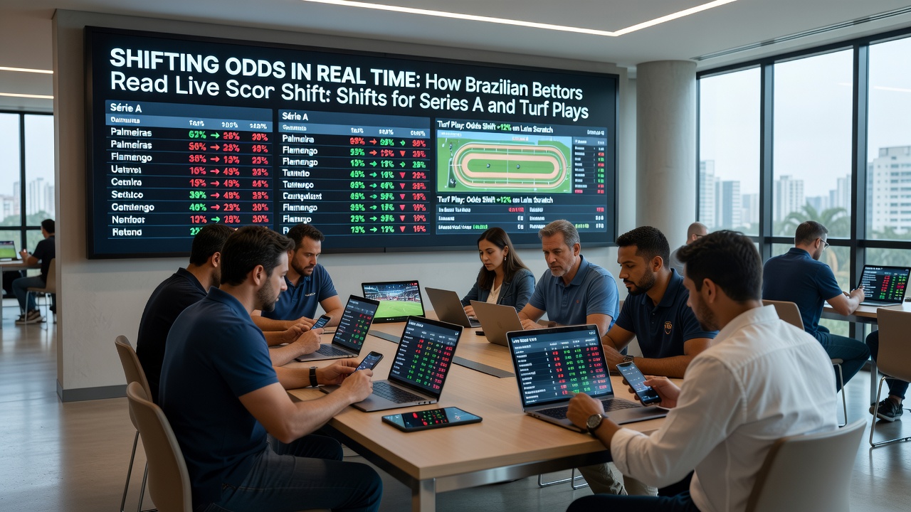 Live turf racing action at a Brazilian track with bettors checking real-time odds updates on tablets