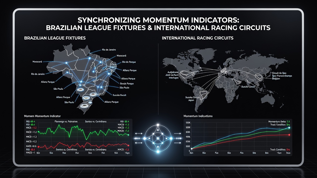 Split-screen graphic showing synchronized momentum charts for a Brazilian Serie A club and a Formula 1 constructor across overlapping August 2026 dates