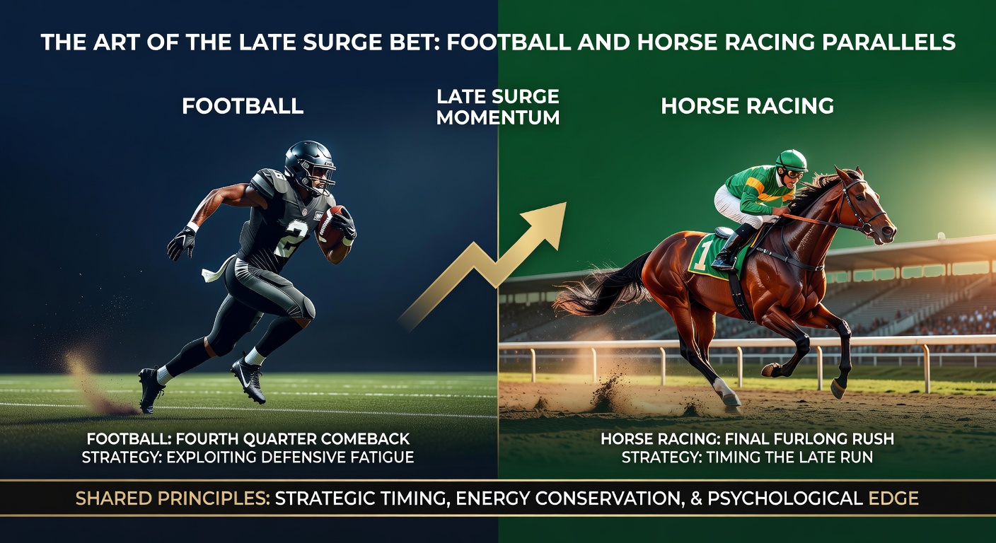 Horse surging powerfully from the pack in the final furlong of a intense race, jockey urging it on amid flying dirt