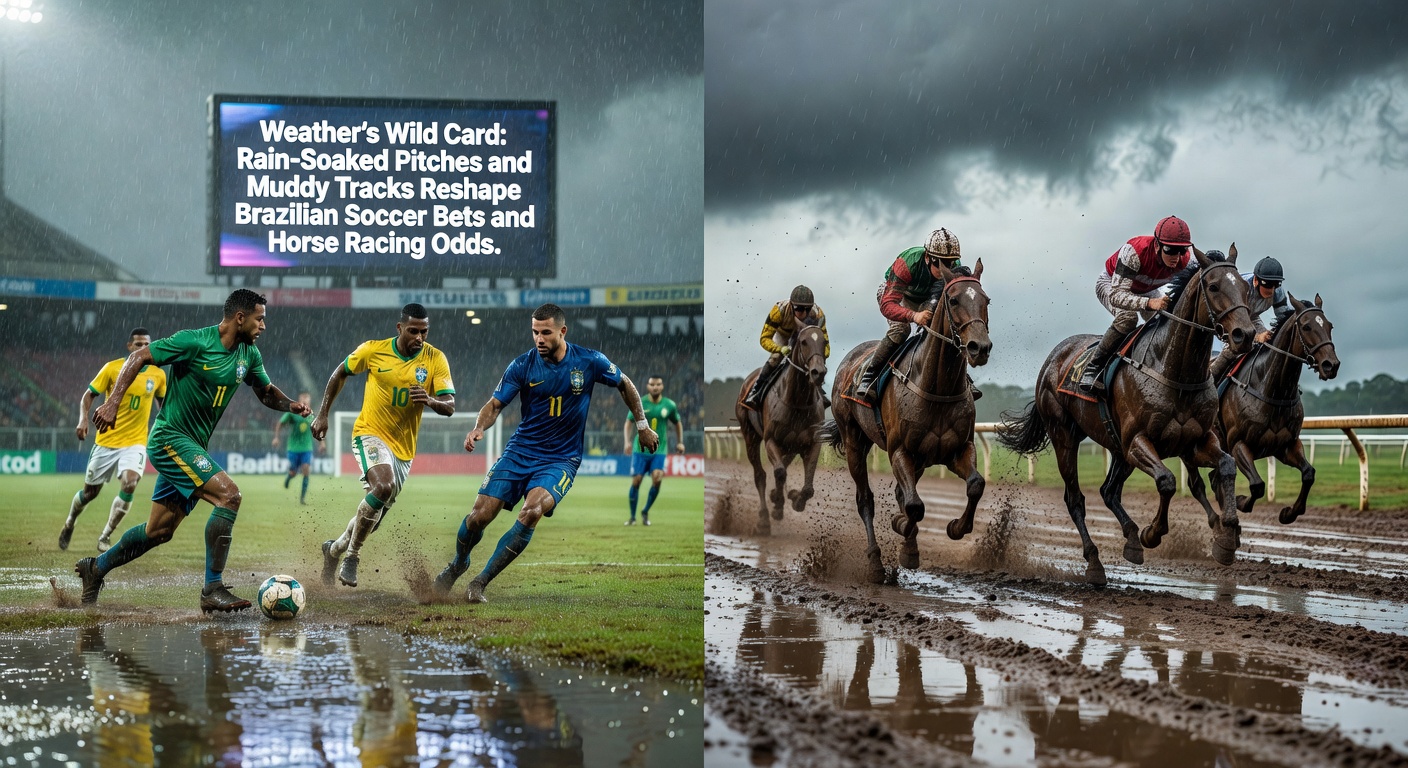 Rain pours down on a Brazilian soccer pitch during a Serie A match, with players slipping on the wet surface while spectators huddle under umbrellas