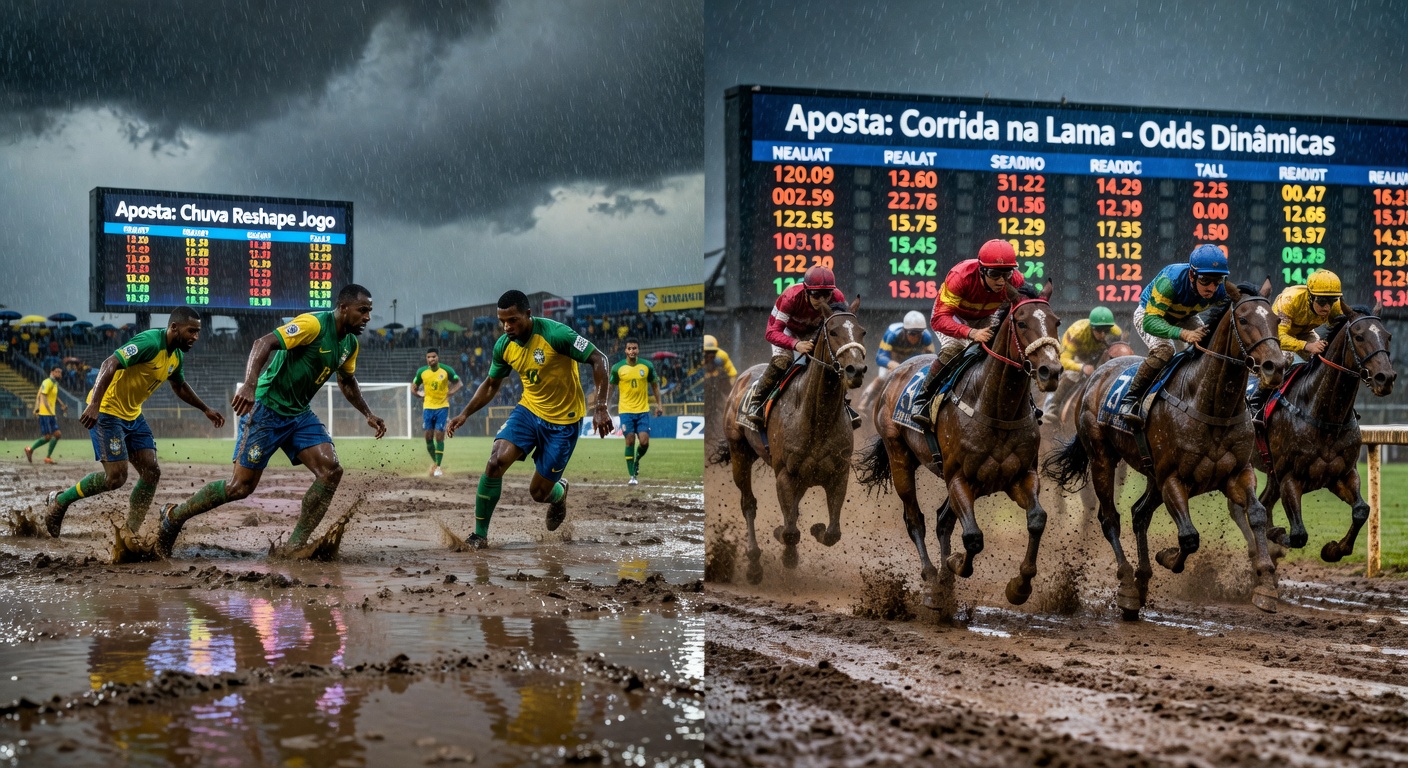 A horse races through mud at a Brazilian track under rainy skies, kicking up water as jockey leans forward intensely